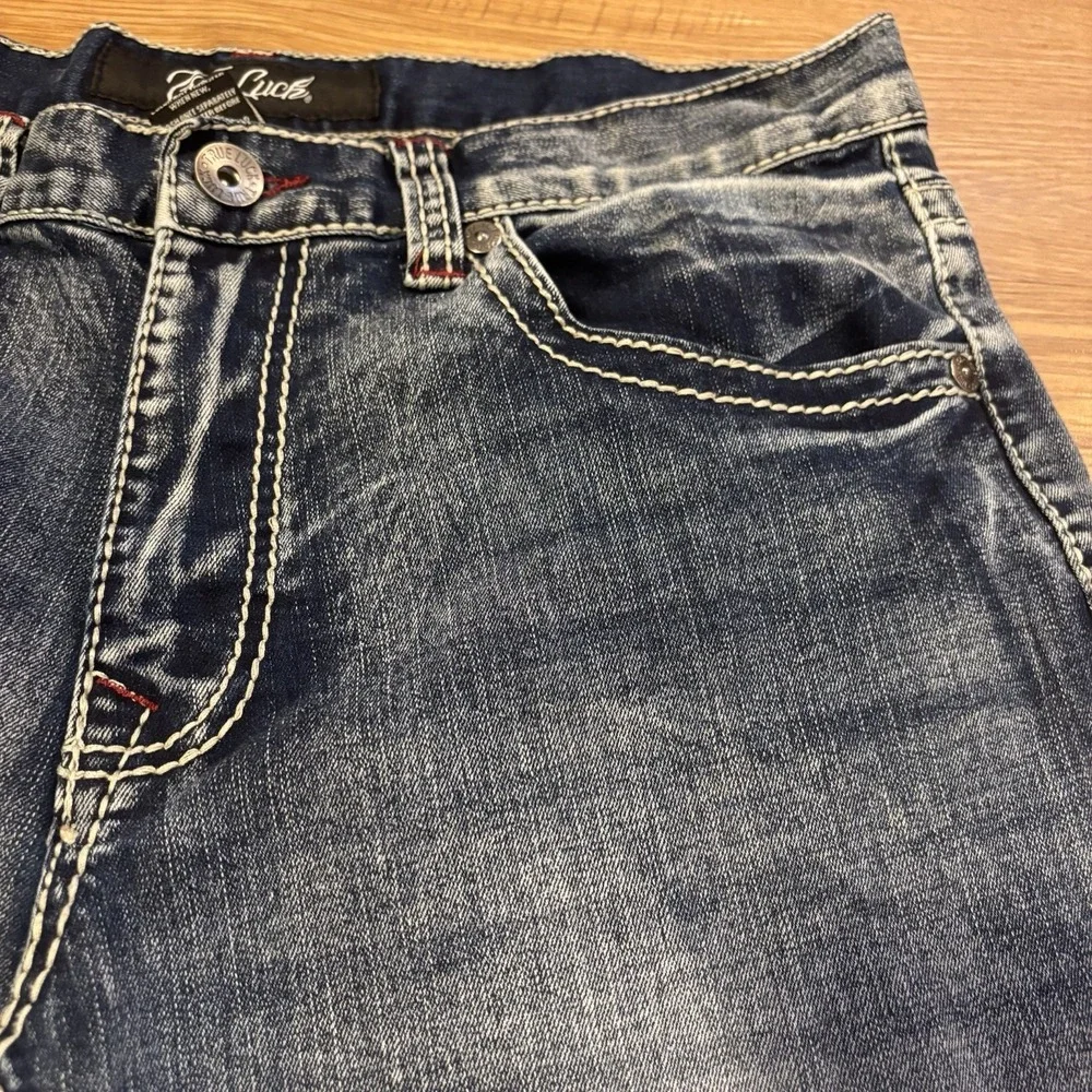 True Luck Jeans Mens 34x30 Dark Distressed Wash Straight Leg Red Stitching Faded